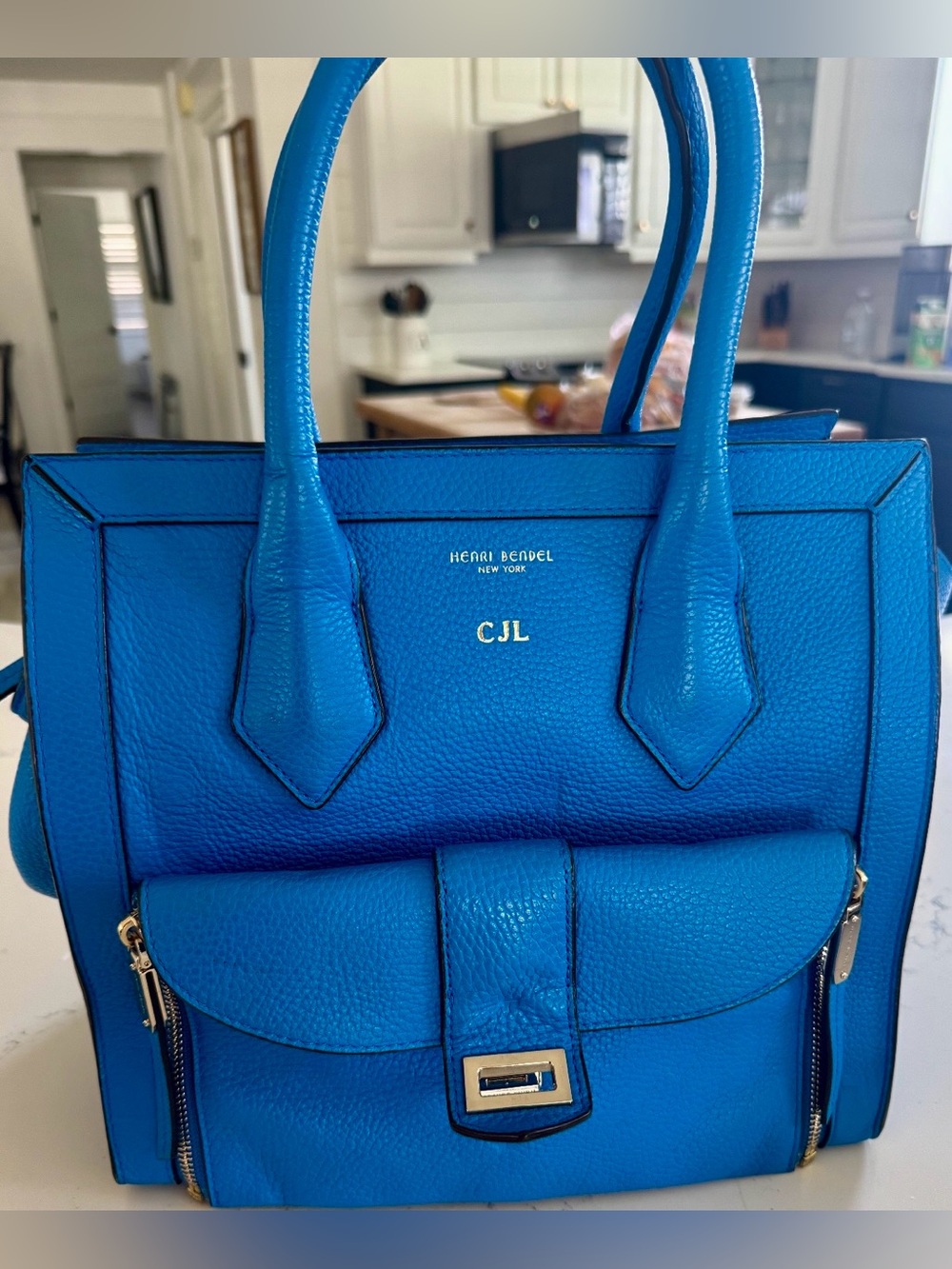 Henri Bendel Blue Pebbled Leather Satchel CJL Gold Hardware👛✨
